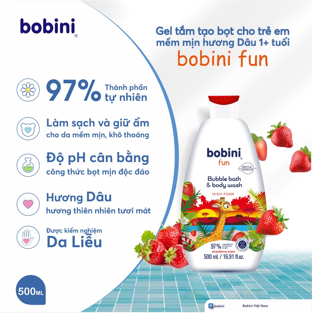 Gel tắm tạo bọt cho trẻ em Bobini Fun mềm mịn hương dâu tây 1+ tuổi 500ML