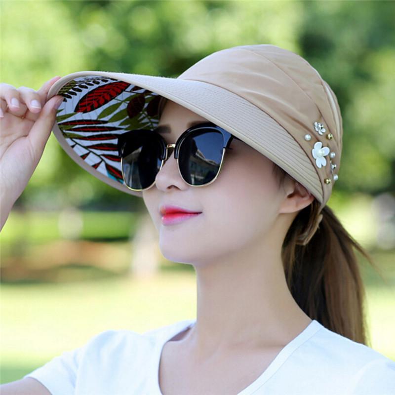 Phụ nữ hoa UV bảo vệ chiếc mũ mặt trời có thể gập lại nắp tấm che phủ mặt trời trang phục mặt trời ngoài trời thời trang Color: beige