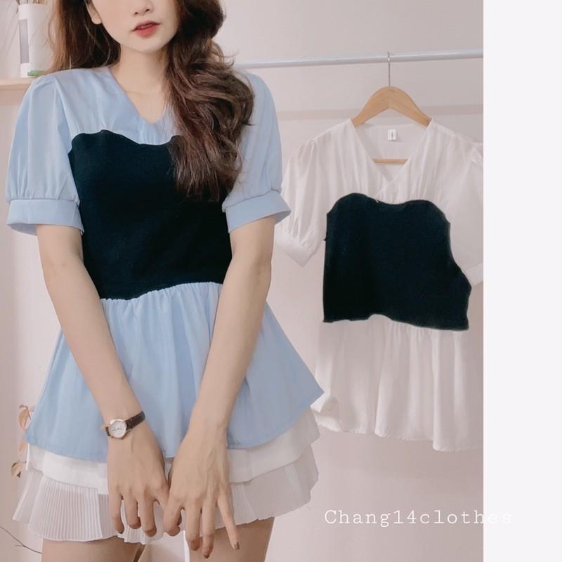 Áo sơ mi cổ v viền bèo ngắn tay