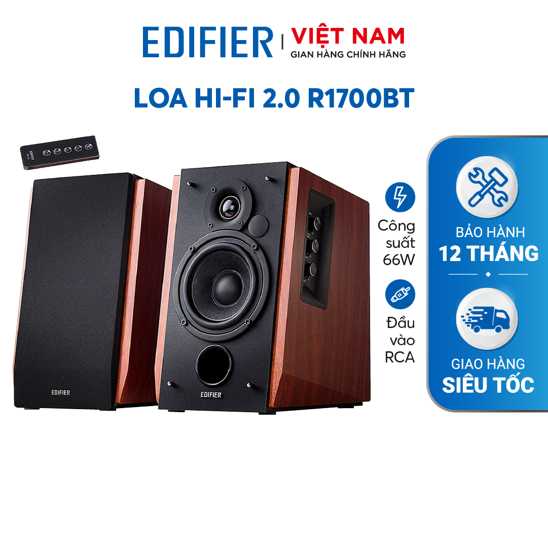 Bộ loa không dây Bluetooth EDIFIER 2.0 R1700BT -  Hỗ trợ cổng cắm RCA - Có remote điều khiển - Vỏ gỗ chống dội âm - Hàng chính hãng