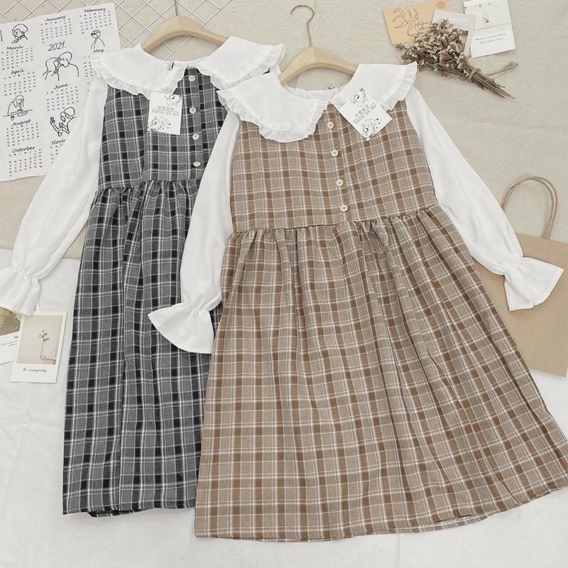 Set yếm caro kèm áo sơ mi cổ bèo