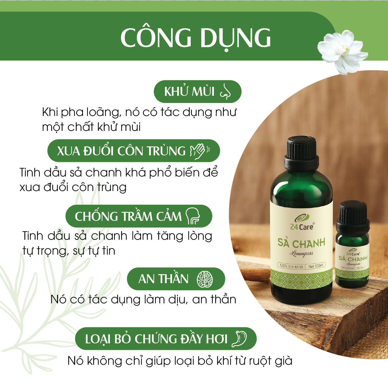 Tinh dầu Sả Chanh 24Care 100ML - Chiết xuất thiên nhiên, thơm phòng, đuổi muỗi.