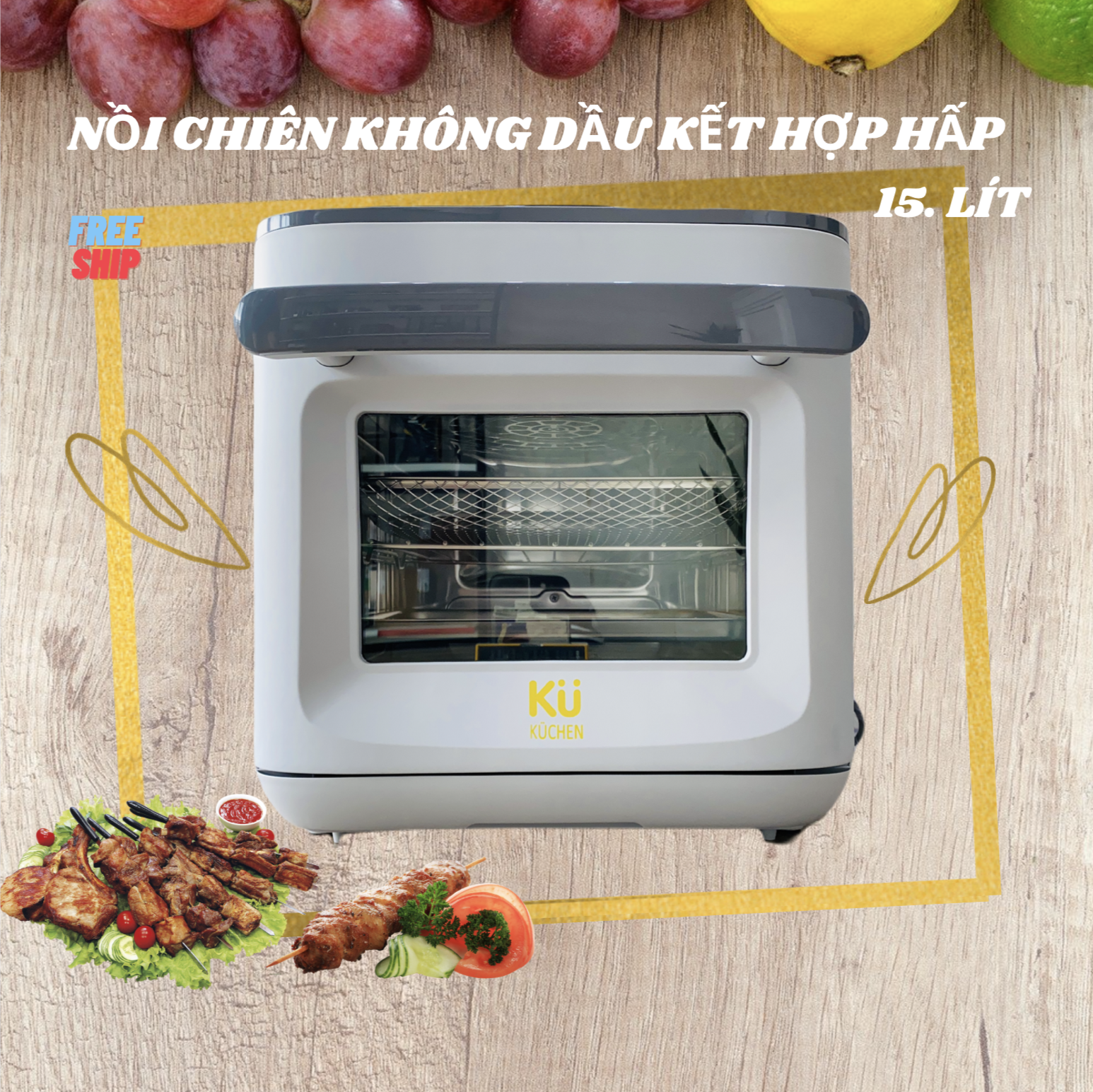 Nồi Chiên Không Dầu Kết Hợp Nồi Hấp - KUCHEN ĐỨC -  KU PCL2228 - 15 Lít - Hàng chính hãng.