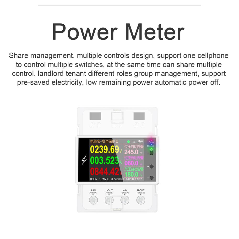 WIFI Version Intelligent 2P Electricity Power Monitor DIN-rail Mounting Multi-energy Alternating Current Meter 2.4 inch LCD Color Screen Mobilephone APP Remote Controlling Device