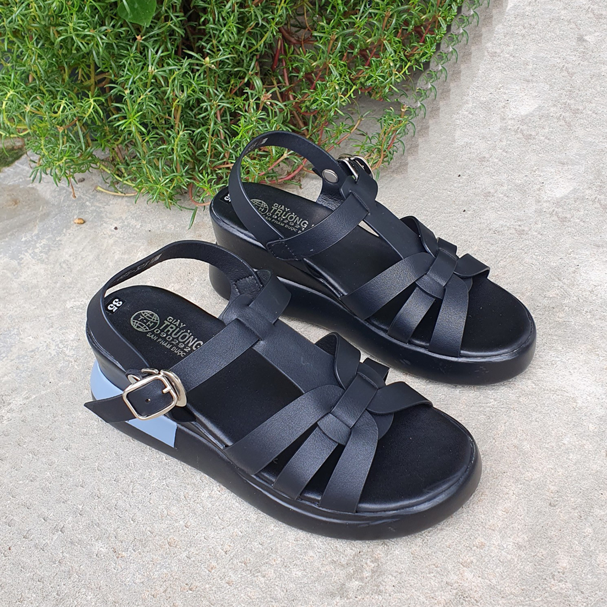 Giày sandal nữ đế xuồng 7cm Trường Hải 2 màu đen, xám thời trang nữ X160