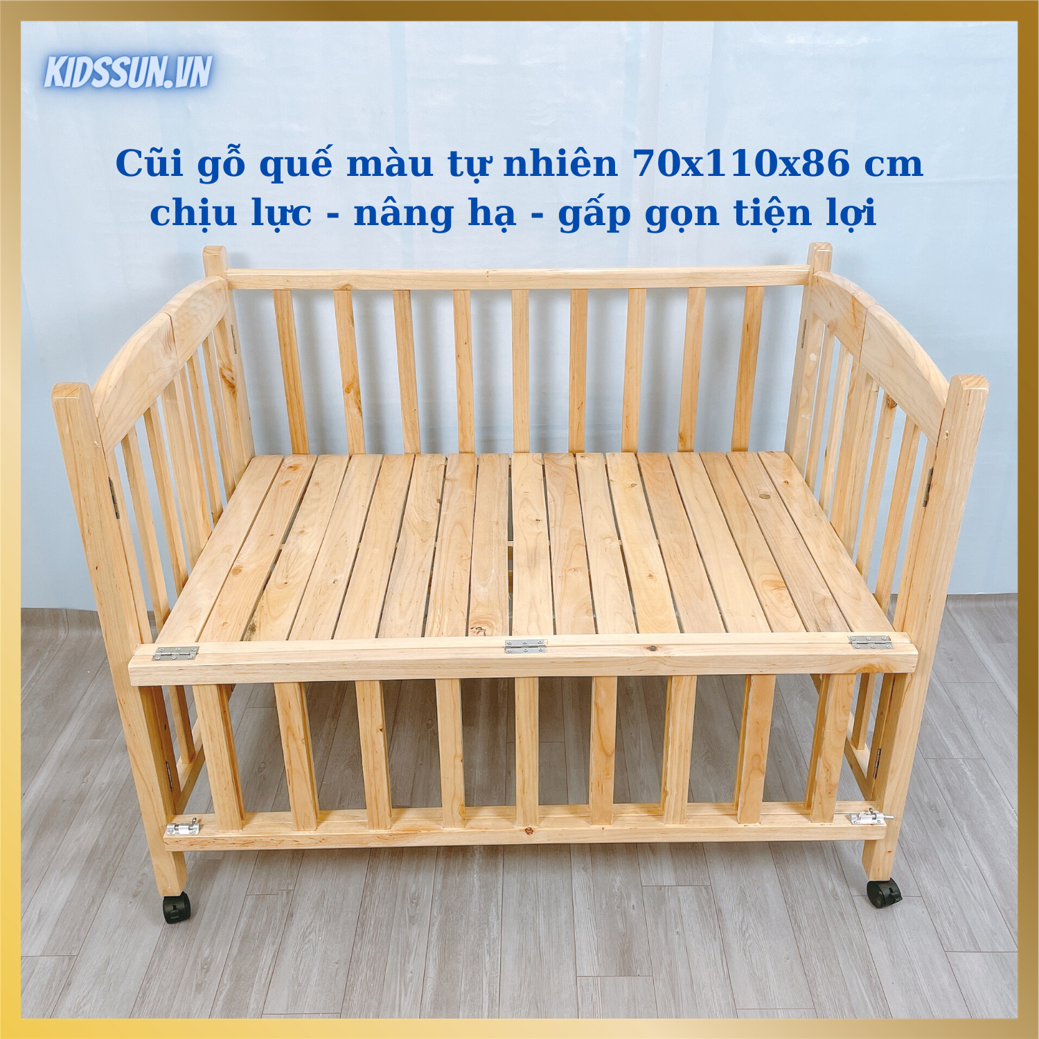 Cũi Gỗ Quế KIDSSUN Cho Tre Em Chất Liệu Gỗ Quế Màu Tự Nhiên Kích Thước 110x70x96cm Tặng Kèm Bánh Xe