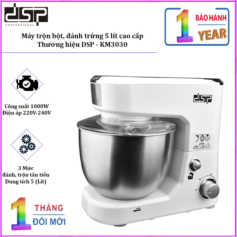 Máy trộn bột, đánh trứng cao cấp thương hiệu DSP KM3030 công suất 1000W, dung tích cối 5L, kèm 3 đầu trộn phù hợp nhiều loại thực phẩm- Hàng chính hãng