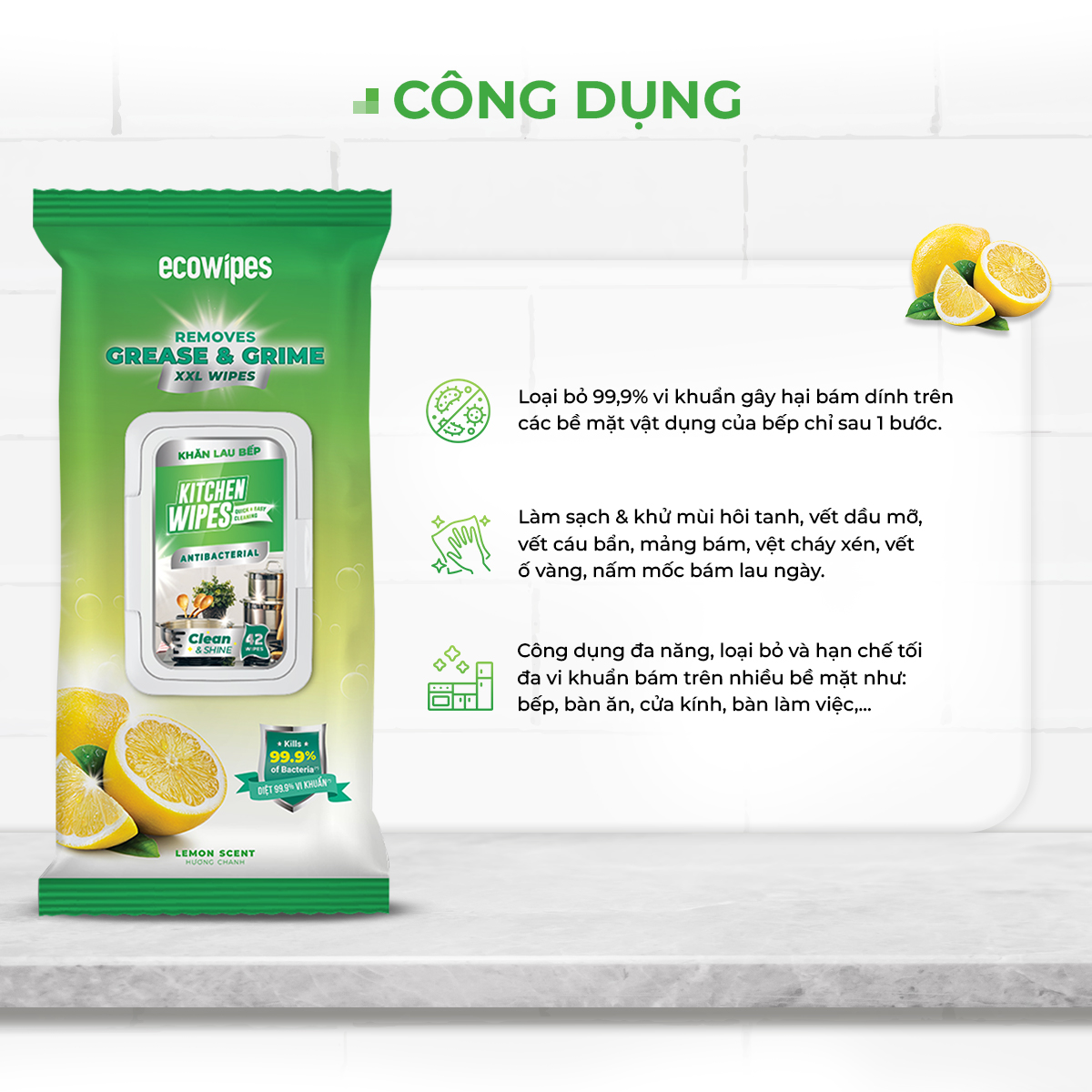 Khăn giấy ướt lau bếp Ecowipes khổ lớn 30x20 cm Kitchen Wipes gói 42 tờ loại bỏ dầu mỡ và vết bẩn nhanh chóng