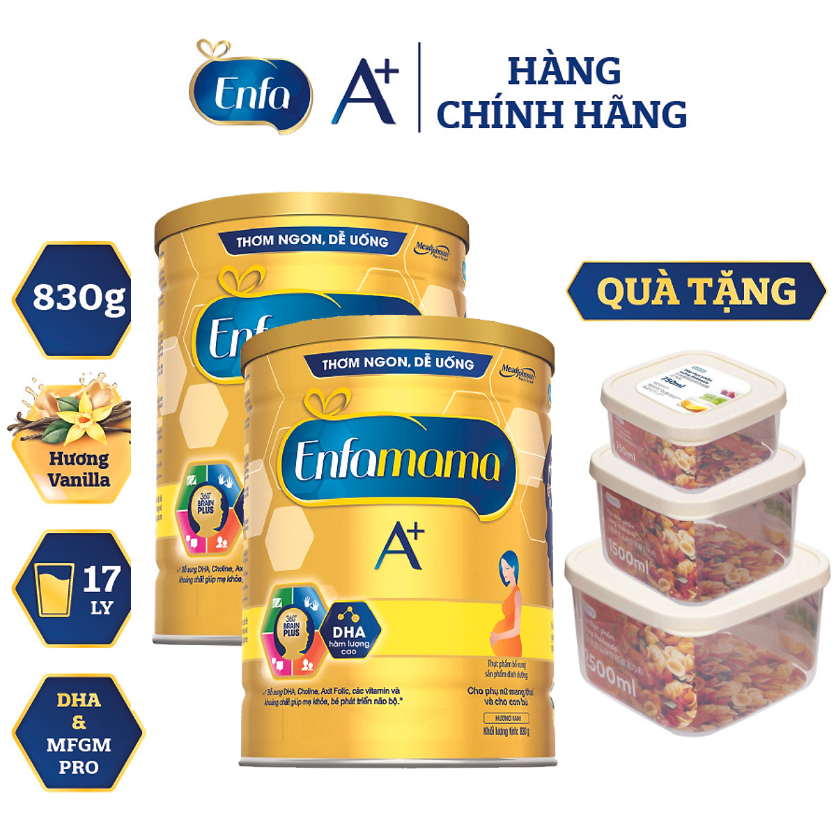 Bộ 2 Lon Sữa Bầu Enfamama 360° Brain Plus Cho Mẹ - Vị Vani - 830g - Tặng Bộ 3 hộp thực phẩm vuông Hokkaido 750-1500-2500ml
