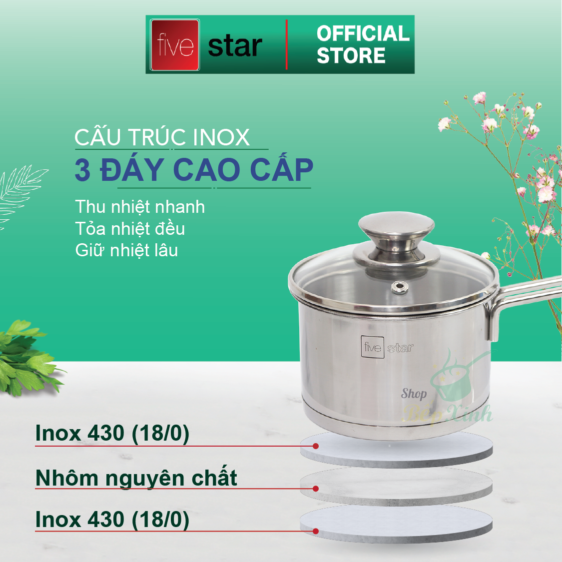 Quánh Inox Nắp Kiếng Fivestar Q12-3DG (12cm) - Hàng Chính Hãng