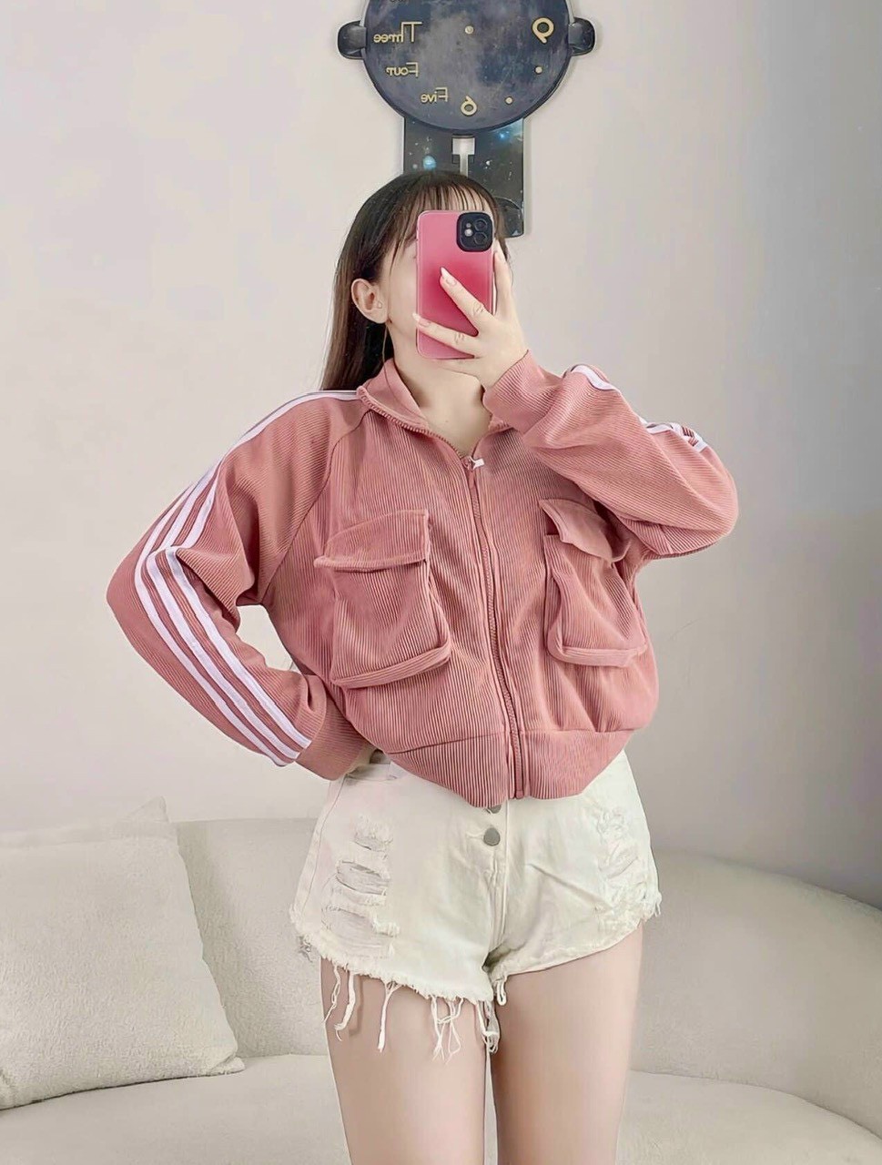 [Freship] Áo Khoác Nữ Len Nhung Gân Túi Trước Sành Điệu Cổ Cao Chạy Viền 3 Sọc Cánh Tay Hót Trend Shop Thời Trang, Áo Khoác Nhung Gân Túi Đắp Cao Cấp (7 túi dây kéo) - Hàng mới về