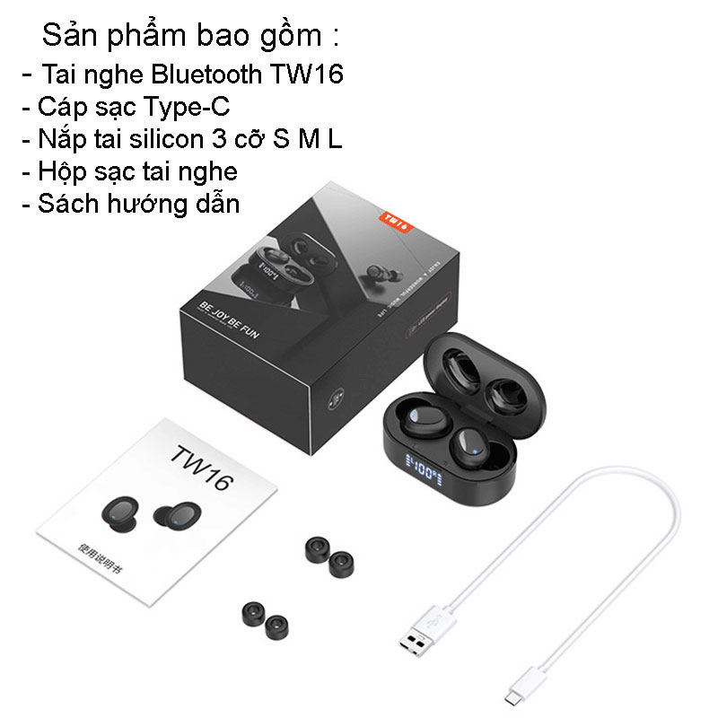 Tai Nghe Bluetooth - Tai Nghe Nhét Tai Không Dây TW16 - Cảm Ứng Vân Tay - Chống ồn - Chống nước - Kết Nối Bluetooth 5.0 - Âm Thanh HiFi