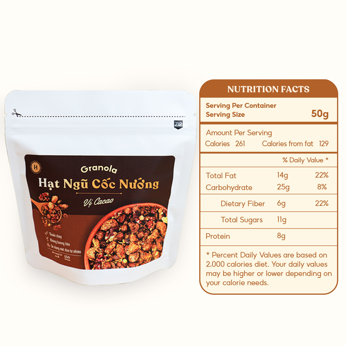 Granola nướng giòn tan - Vị Cacao túi 400g - Dùng mật dừa nước, 0 trái cây sấy, GI thấp - Hạt ngũ cốc giảm cân - HeydayCacao