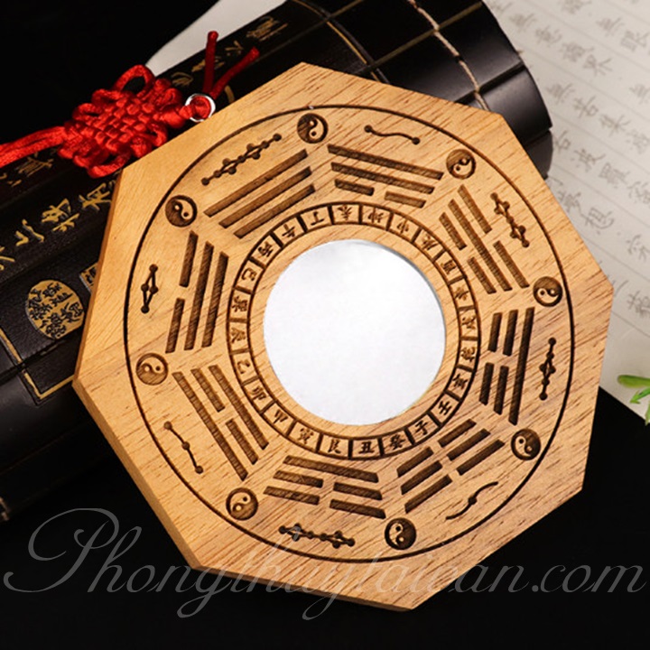Gương Bát quái Tiên thiên Gỗ đào 13.5cm tặng bột ngũ vị bao sái,văn khấn - thờ cúng.