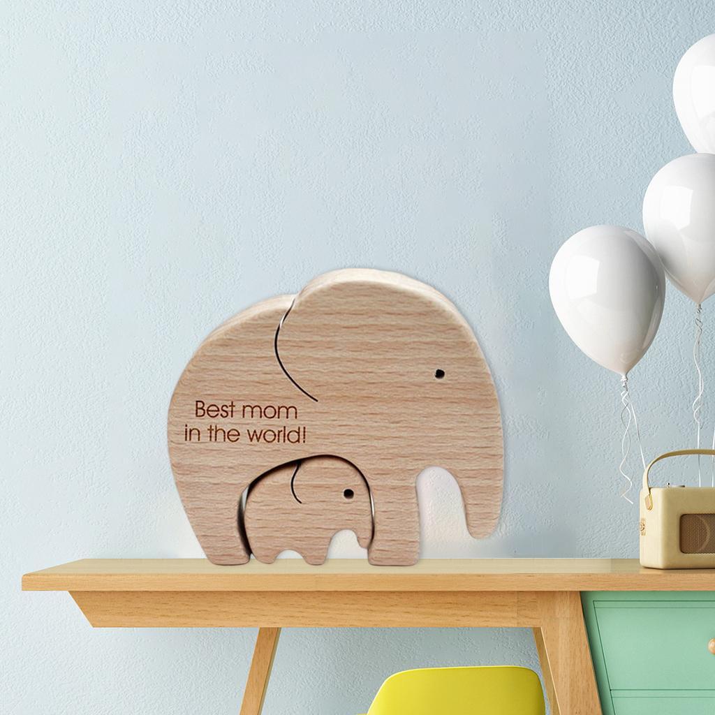 4/Set Creative Mom and Baby Elephant Statue Cute Wooden Sculpture Home Decor