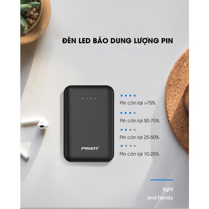 Sạc Dự Phòng Pisen Mini 5000mAh (Type-C, 2xUSB Smart )- Ultra Slim, Hàng chính hãng