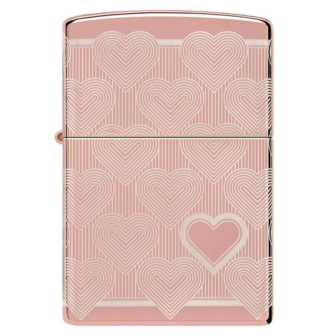 Bật Lửa Zippo Heart Design High Polish Rose Gold - Vỏ Mạ Vàng Hồng Khắc Laser 360 Độ Hình Trái Tim