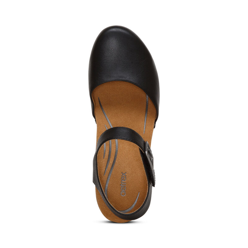Giày sandal sức khỏe nữ Aetrex Finley Black - Giày cao gót đệm da êm, nhẹ