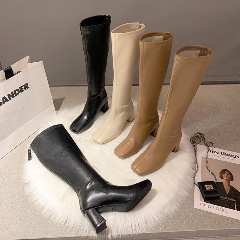 Boot đùi da lì cao cổ khoá kéo sau gót vuông 6-7p ,Hàng dày dặn lót lông sịn loại 1 fullbox mềm êm, tôn dáng chân dài B5