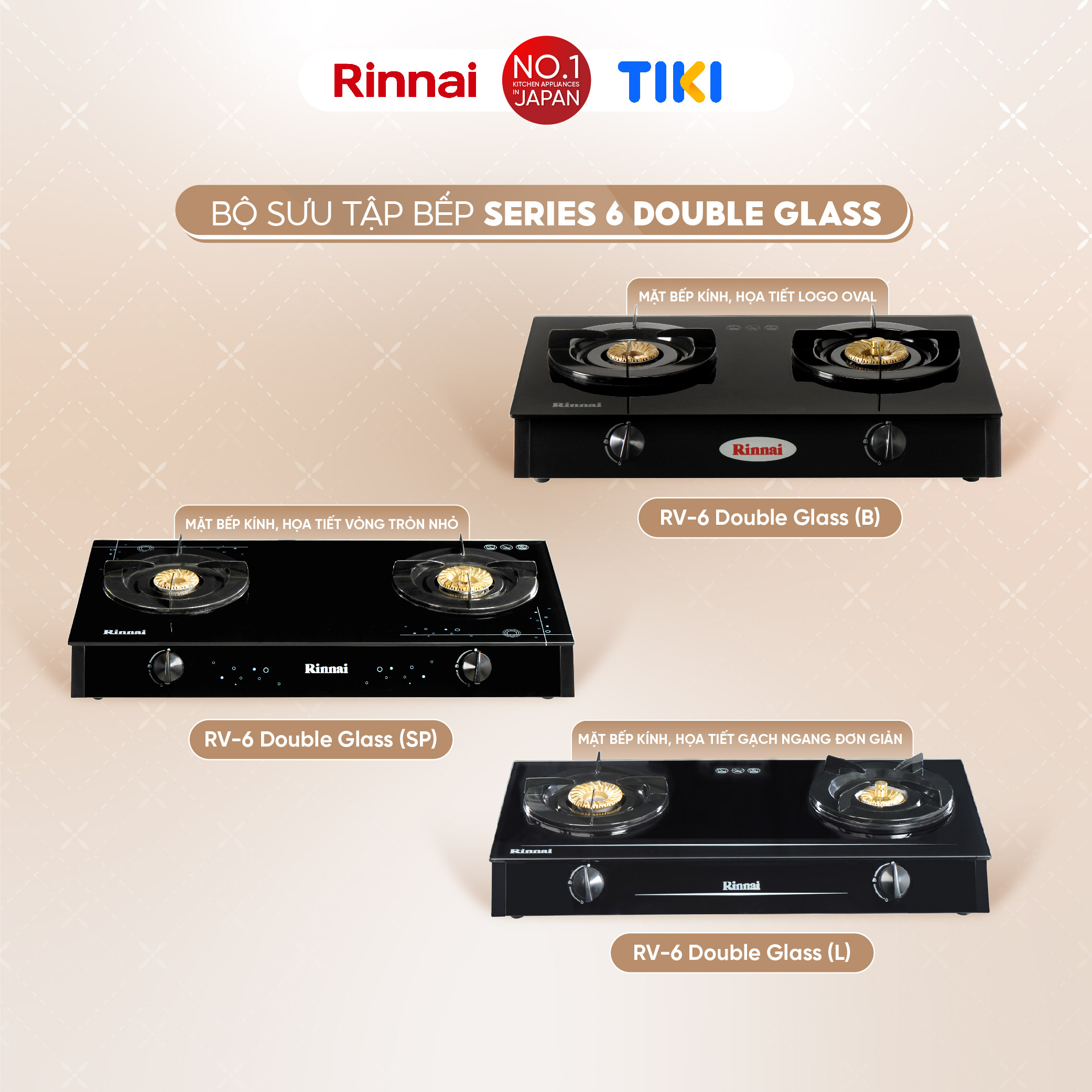 Bếp gas dương Rinnai RV-6Double Glass (Sp) mặt bếp kính và kiềng bếp men - Hàng chính hãng