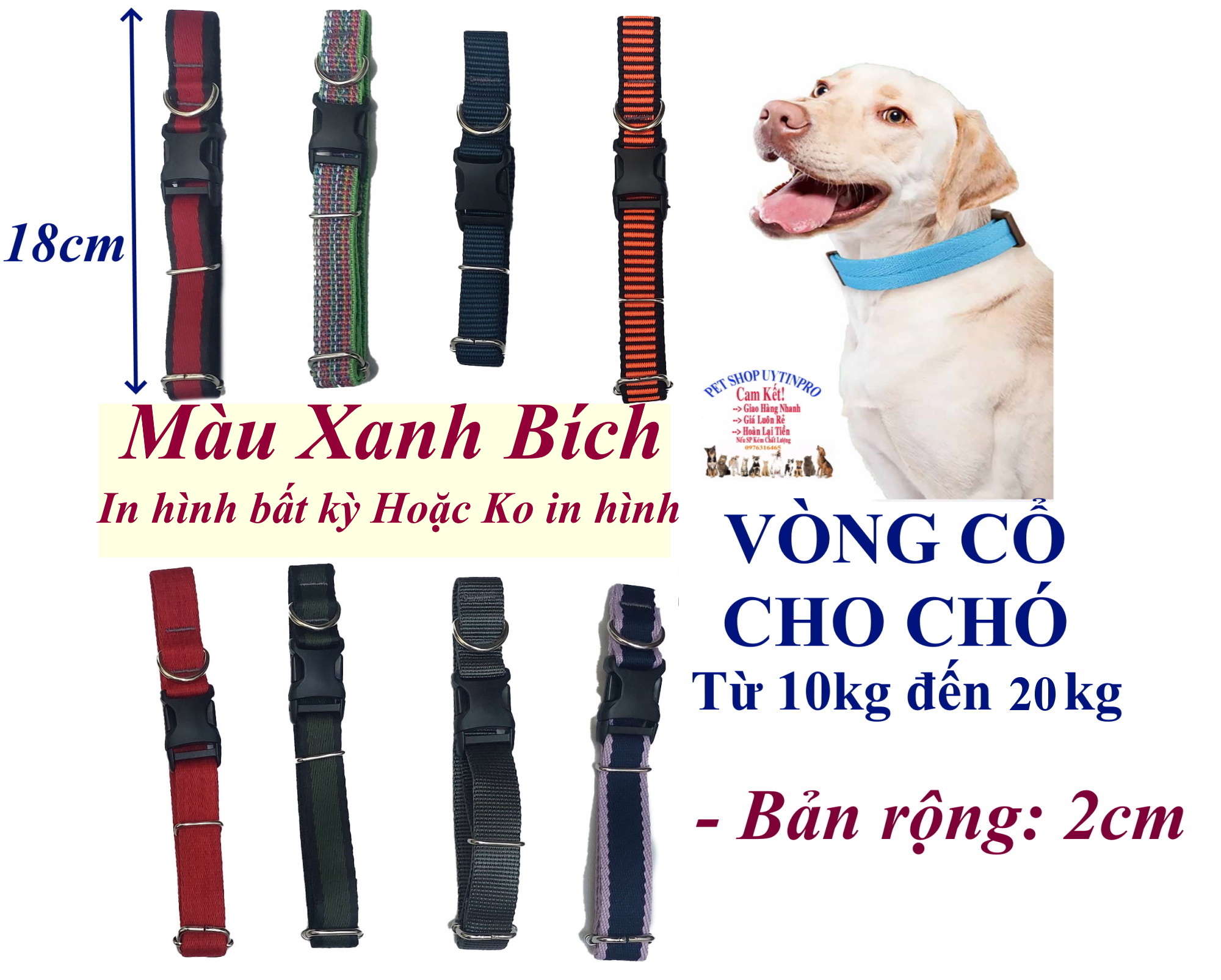 Vòng cổ cho Chó từ 10kg đến 20kg Bản rộng 2cm Chất liệu dù cao cấp, Chắc chắn, An toàn cho thú cưng