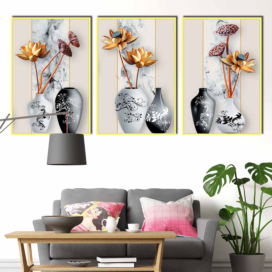 Bộ 3 tranh canvas treo tường Decor Bình hoa sen - DC087