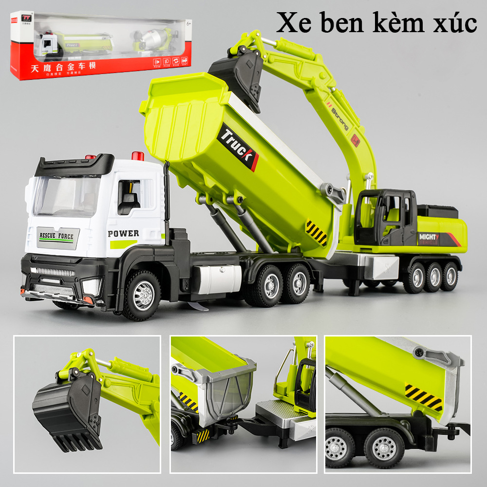 Đồ chơi xe ben hợp kim kèm cẩu xúc trộn bê tông có nhạc và đèn chạy cót dài 32 cm