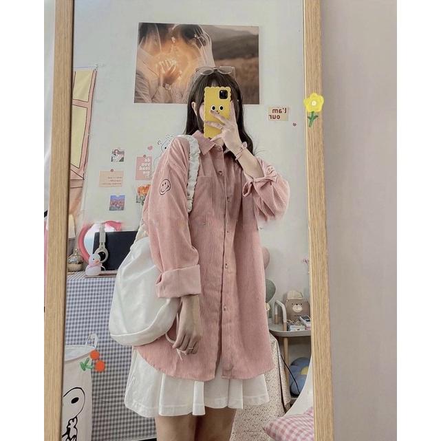 Áo sơ mi nhung mặt cười ảnh thật Ulzzang