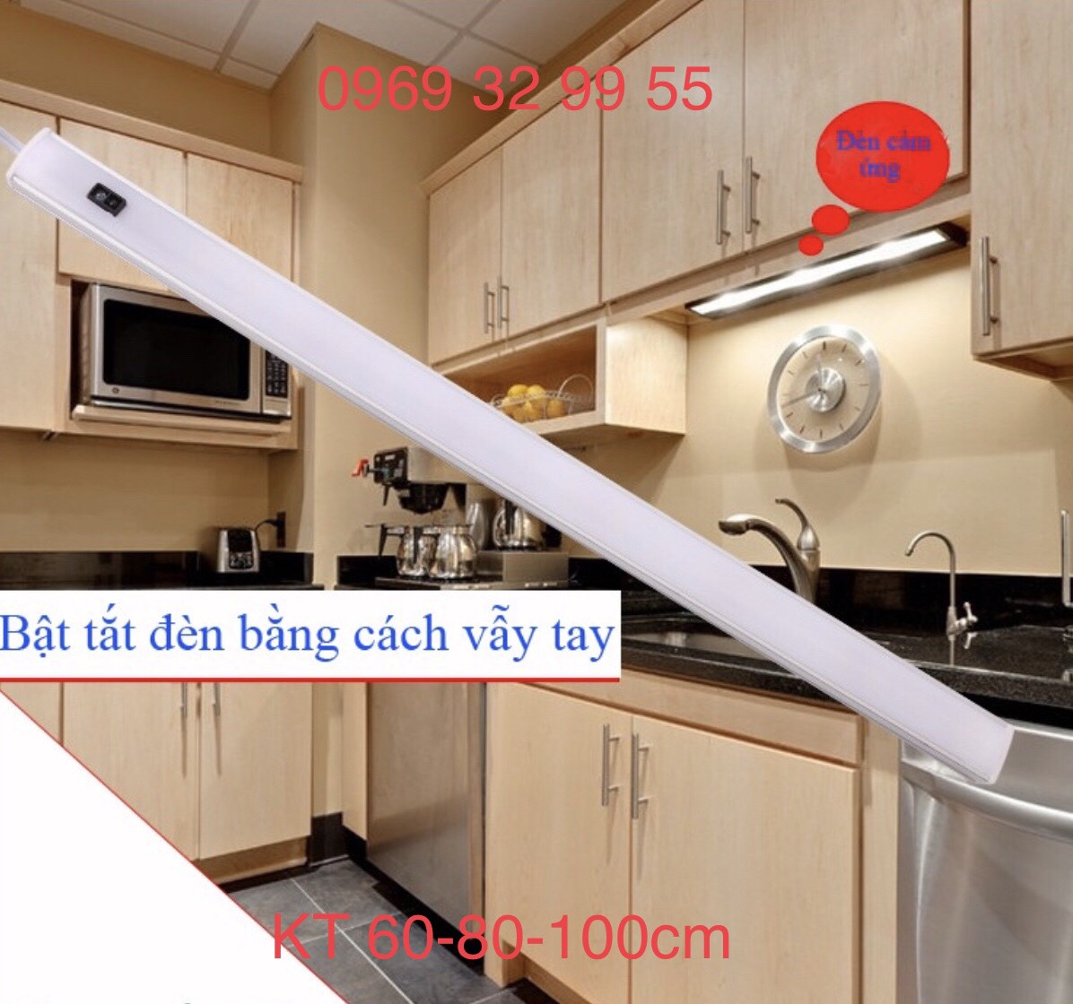 Bộ Đèn LED Tủ Bếp dùng cảm biến vẫy tay,  kích thước 100cm, công suất 18W.  Thanh nhôm U16-7mm