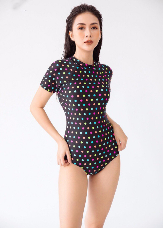 Bikini liền cộc tay đen chấm bi nhiều màu 19047