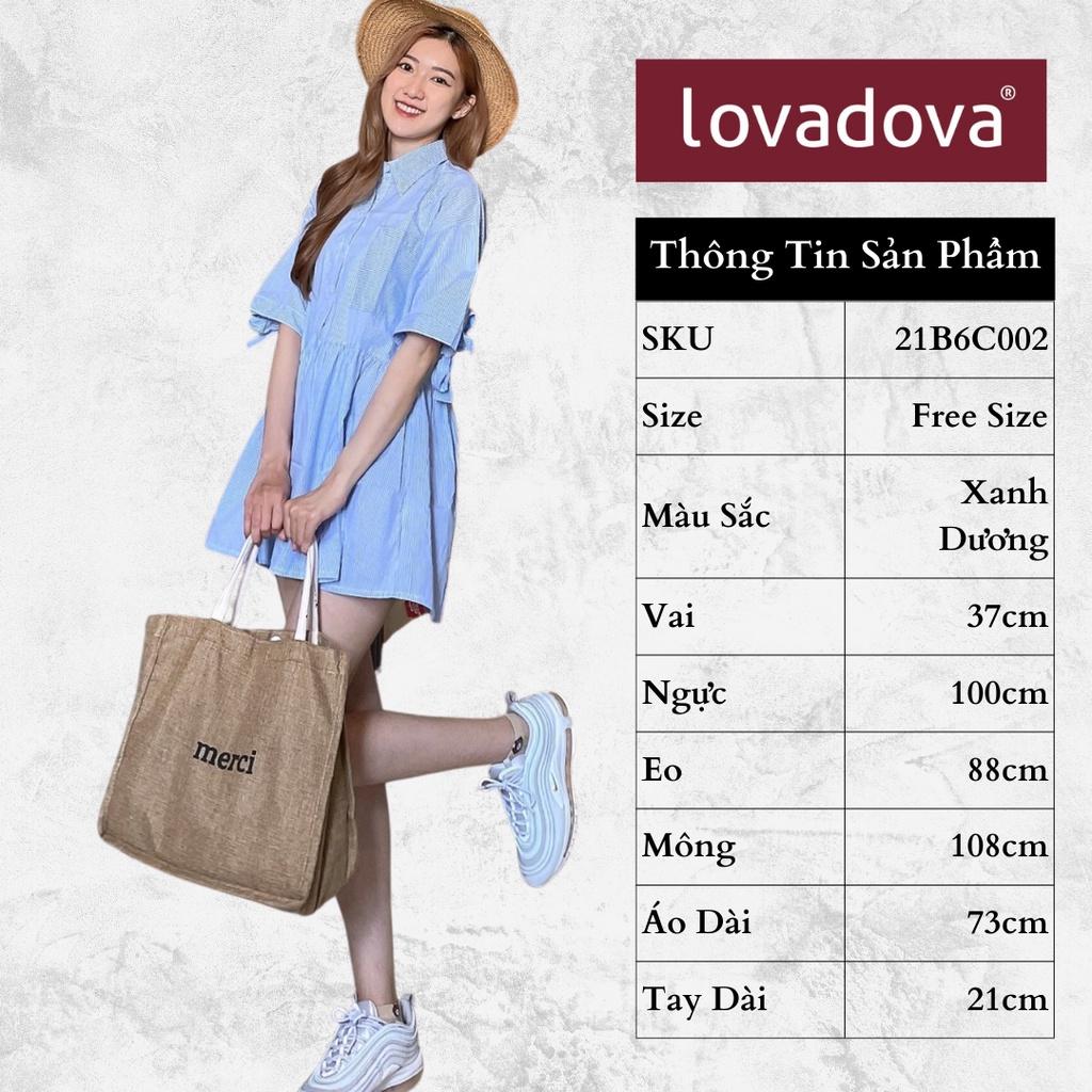 Áo Sơ Mi Kiểu, Cách Điệu Tà Áo Dài, Nơ Hai Bên Ống Tay Áo, Màu Xanh Dương - Lovadova 21B06C002