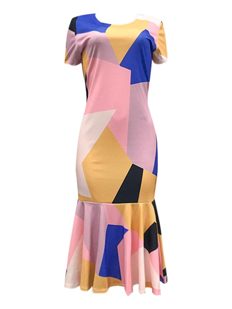 Women Ruffles Dress Floral Contrast Color Block Print Short Sleeves Mermaid Vintage Casual Midi Dress