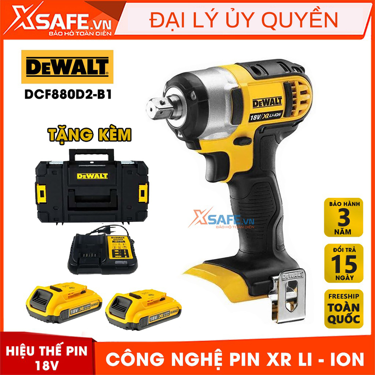 Máy siết bulong cầm tay DEWALT DCF880D2-B1 dùng pin 18V Tặng kèm 2 pin, 1 sạc - Chính hãng