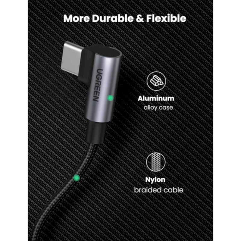 Ugreen UG10357us335TK 3M 2 đầu bẻ 90 độ vuông góc cáp USB type C màu đen bọc nhôm dây dù chống nhiễu - HÀNG CHÍNH HÃNG