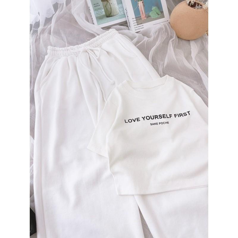 Set áo croptop LOVE YOURSELF FIRST kèm quần jogger trắng