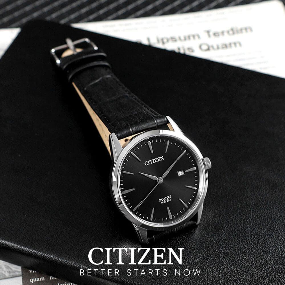 Đồng Hồ Citizen Nam Dây Da Pin (Quartz) BI5000-10E (39mm) - Mặt Đen