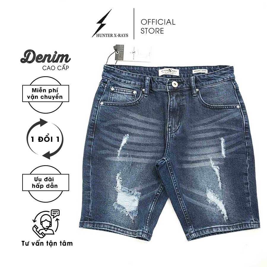 Quần Short Jeans Nam Rách Cao Cấp HUNTER X-RAYS Form Slimfit Thun Màu Xanh S63
