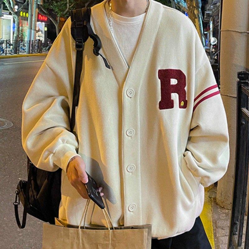 Áo cardigan phom rộng cổ chữ V unisex nam nữÁo khoác bomber thêu chữ,kiểu hàn quốc chất nỉ PE cao cấp