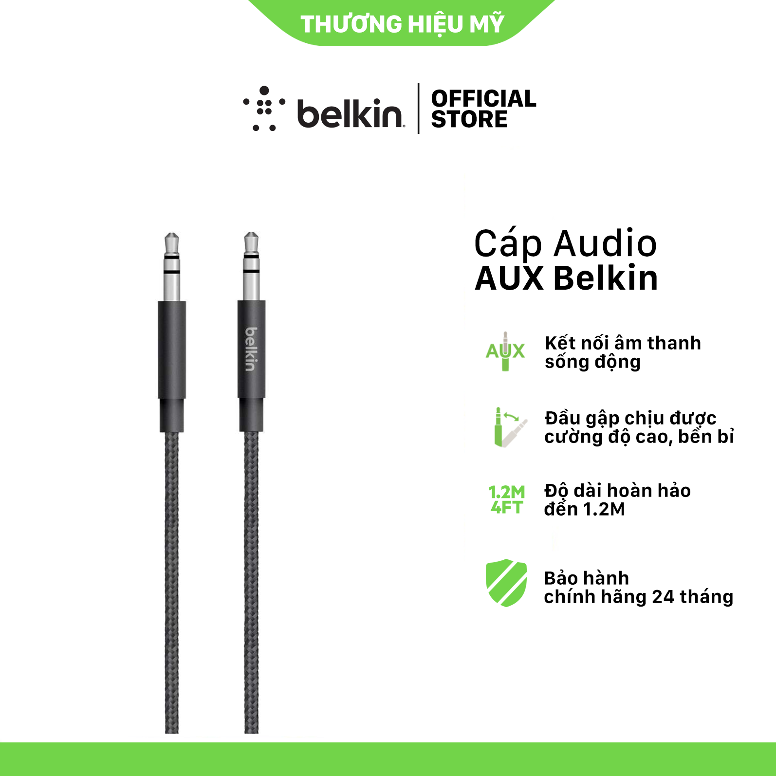 Cáp audio AUX 3.5mm Belkin vỏ dù metallic 1.2m - Hàng Chính Hãng - AV10164BT04-BLK