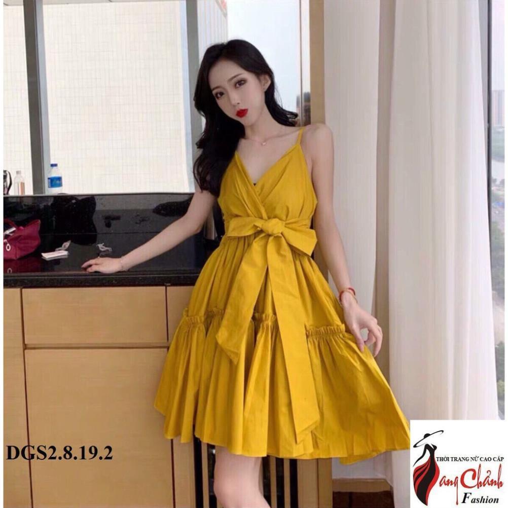 Váy đầm nữ hai dây cổ V cột nơ eo (có mút ngực) thiết kế dịu dàng quyến rũ