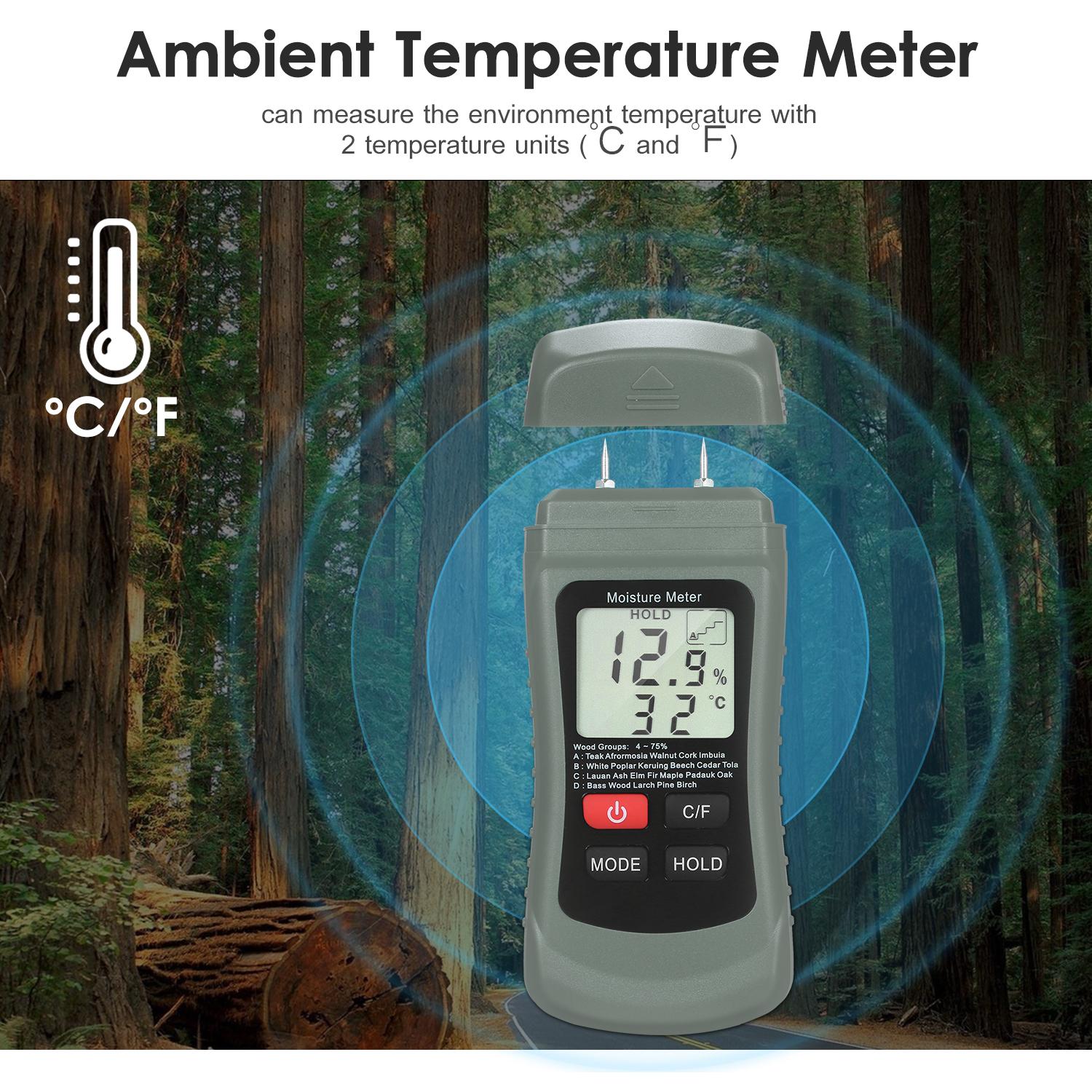Wood Moisture Meter LCD Digital Damp Moisture Tester Pin Type Water Leak & Moisture Detector with 4 Modes Data Hold ℃/℉