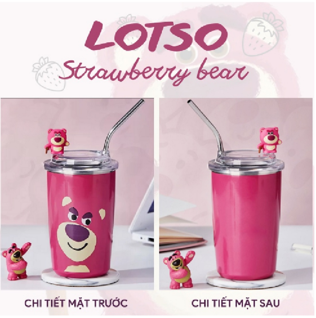 Ly Giữ Nhiệt Gấu Dâu LOTSO 450ml, Cốc Giữ Nhiệt Gấu Hồng Kèm Ống Hút Inox Xinh Xắn