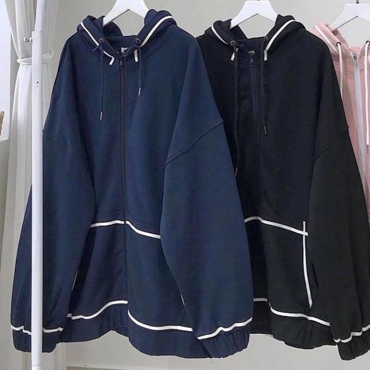 Áo Khoác Hoodie Quây Viền Tay Bồng, Áo Nỉ Nữ Khóa Kéo Kèm Mũ, Áo Jacket Viền Trắng 3 Màu ĐEN XAN