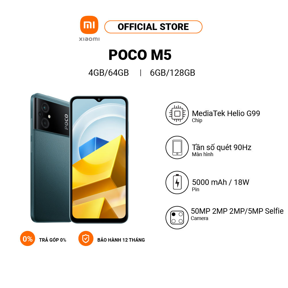 Điện thoại POCO M5 4GB+64GB/6GB+128GB | Pin 5000mAh | MediaTek Helio G99 | Sạc nhanh 18W - Hàng chính hãng