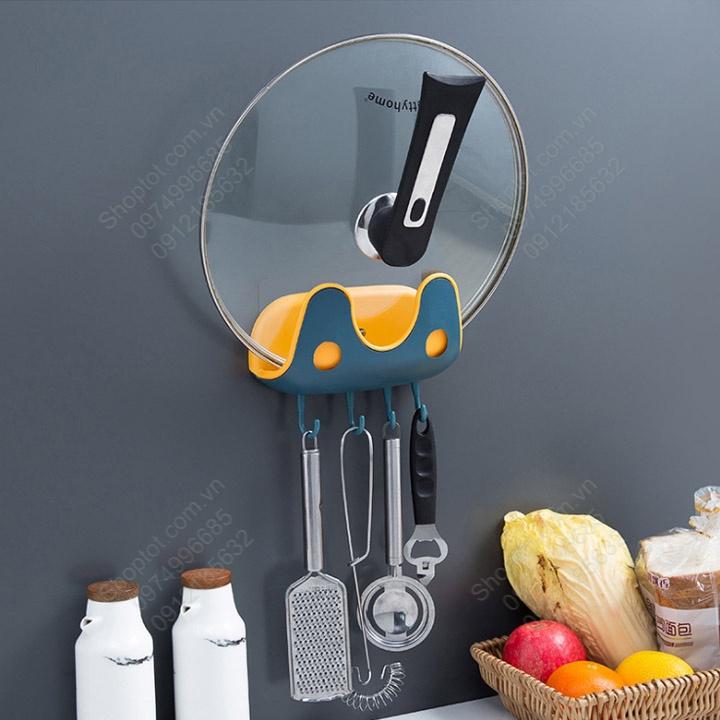 Giá để vung xoong, chảo, thớt và đồ dùng đa năng nhà bếp, làm bằng nhựa ABS, dùng dán không cần khoan