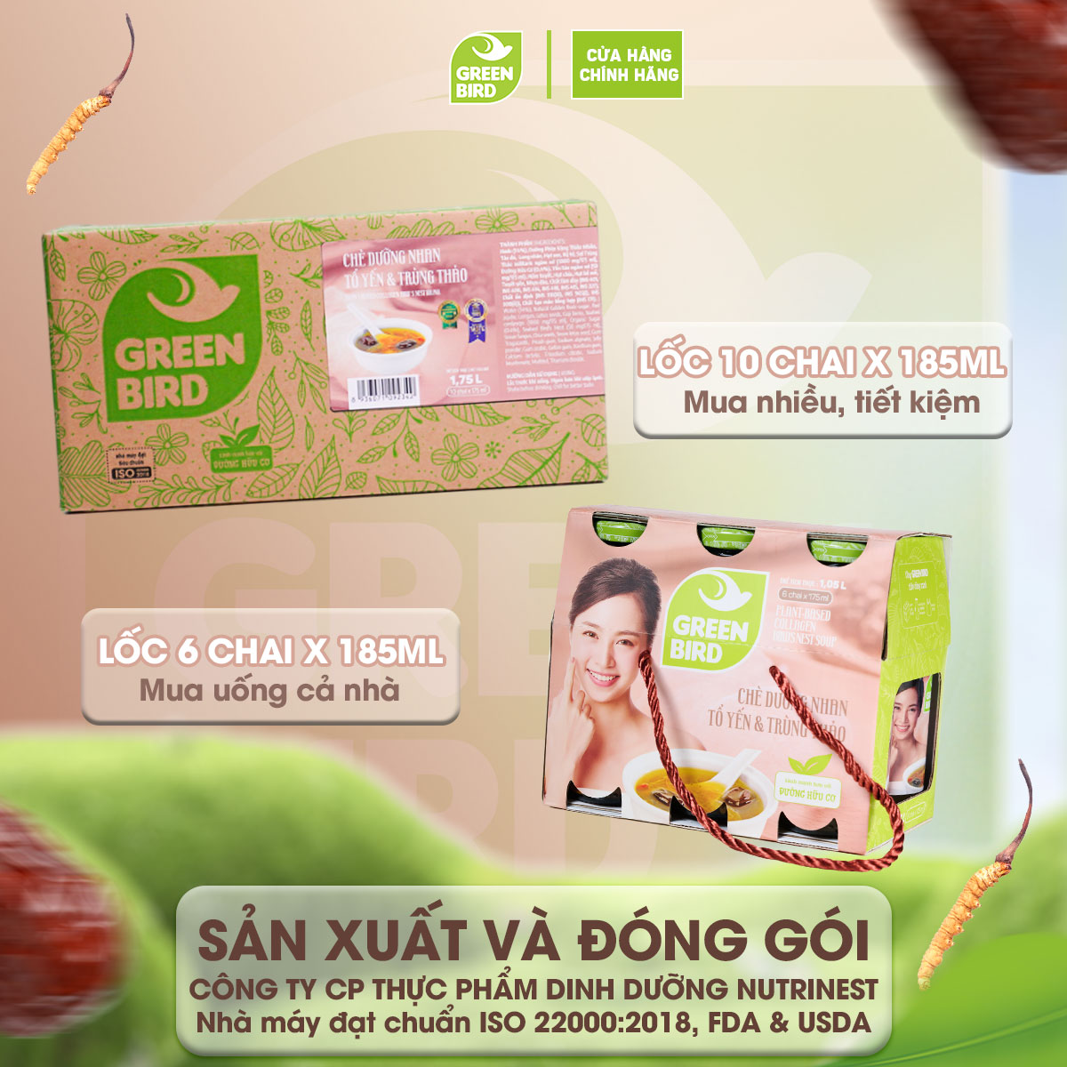 Nước Yến Dưỡng Nhan Tổ Yến Và Trùng Thảo Green Bird Giải Khát Thanh Nhẹ Chai 185ml