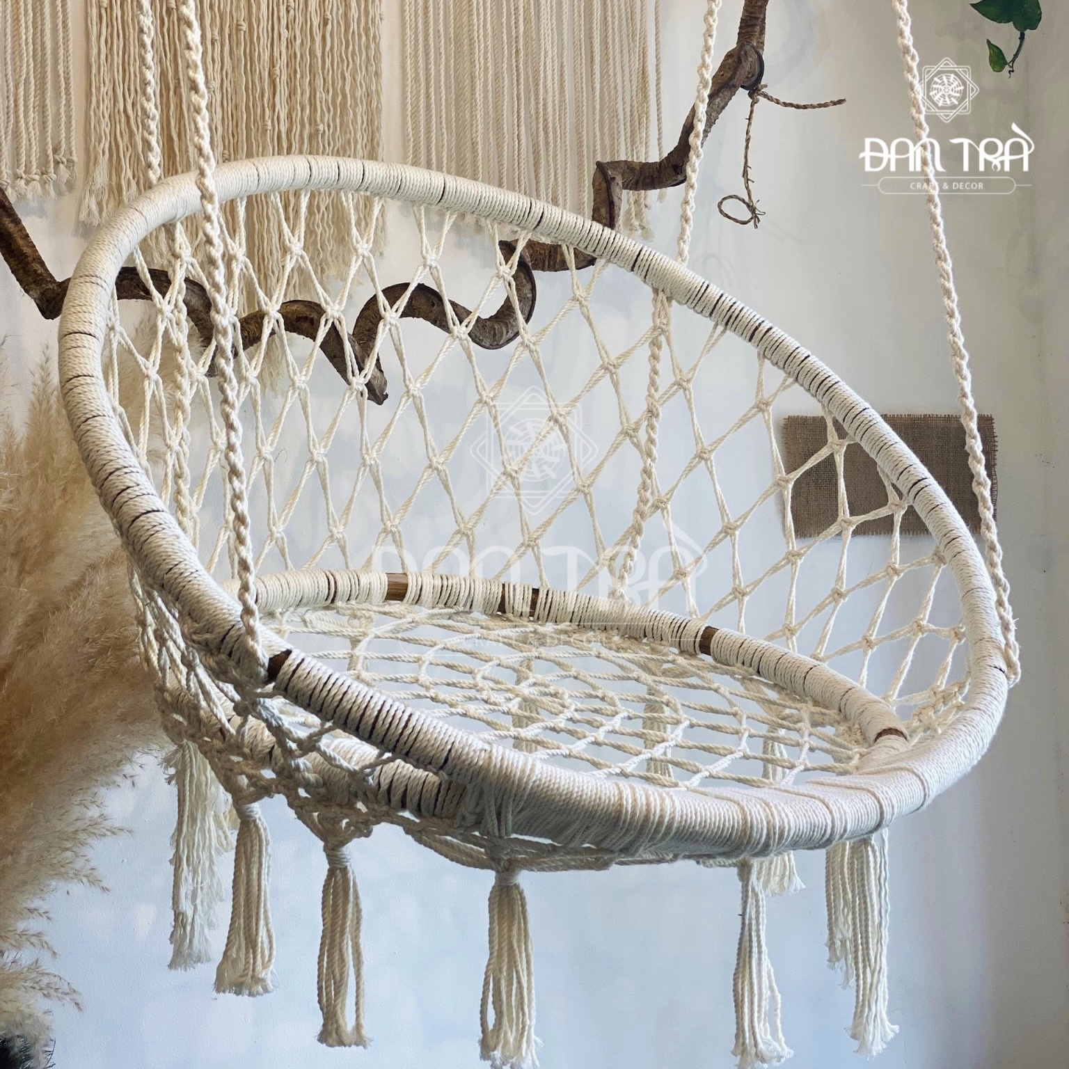 Xích Đu Macrame ĐAN TRÀ, Xích Đu Decor Phòng Vintage, Ghế Treo Decor Từ Sợi Bông Cao Cấp Tự Nhiên, Xường Bàn Ghế Mây Tre