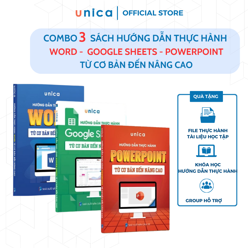 Hình ảnh Combo 3 sách Word - Google sheet - PowerPoint Tin học văn phòng Unica, Hướng dẫn thực hành từ cơ bản đến nâng cao, in màu chi tiết, TẶNG video bài giảng