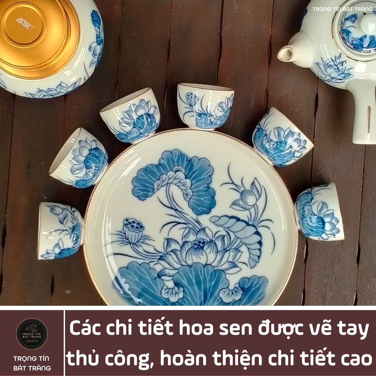 Bộ Ấm Chén Trà Đạo Gốm Trắng Men Lam Bát Tràng Hoa Sen Vẽ Vàng Dáng Đường Vũ Dung Tích 320ml ATA 26