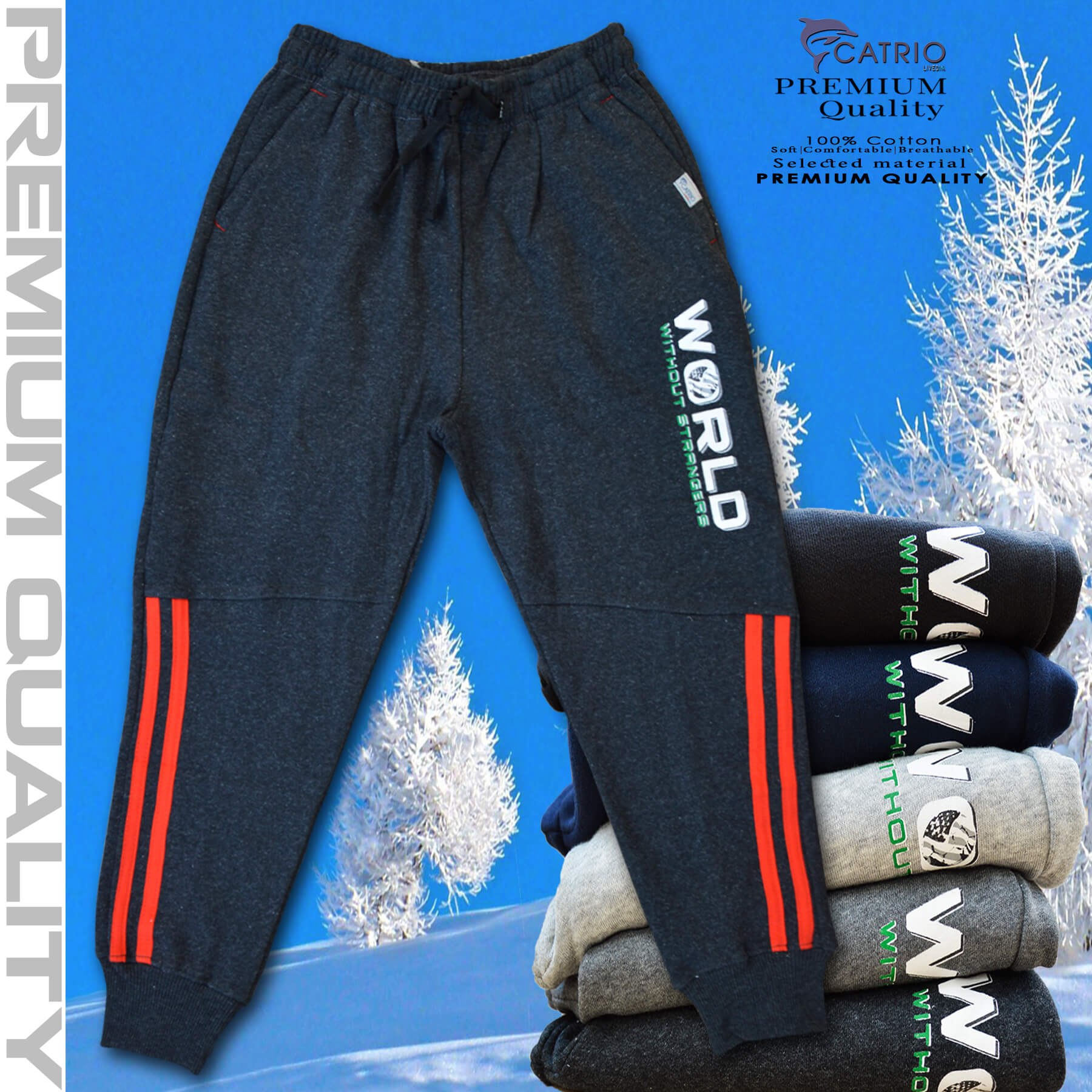 Quần dài bé trai vải 100% cotton in WORLD màu LÔNG CHUỘT là quần nỉ trẻ em CATRIO từ 9 tuổi đến 18 tuổi phù hợp thời tiết se lạnh mùa thu đông với kiểu dáng thể thao tuyệt đẹp